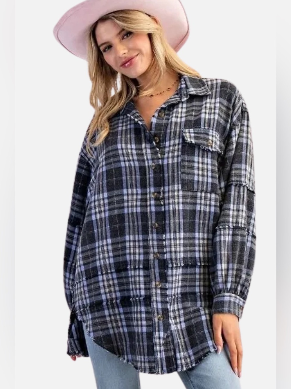 TALULAH Gray & Blue Plaid Button-Up Shirt Oversized Shacket Sz Small 100% Cotton